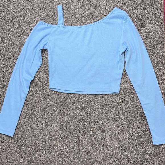 SHEIN Asymmetrical Neck Rib-Knit Baby Blue Top - Picture 8 of 8
